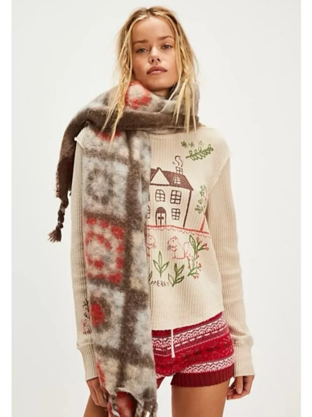 Free People Kaleidoscope Fringe Knit Blanket Scarf Winter Cottage Outdoor Cozy